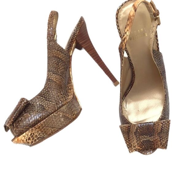 Stuart Weitzman Snakeskin Platform Peep-toe Heels Shoes - Picture 4 of 8